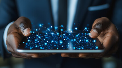 Fototapeta premium A man is holding a tablet with a blue screen that has a lot of lines and dots. Concept of technology and innovation, as well as the idea of being connected to the digital world