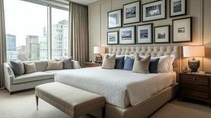 Fototapeta premium Contemporary bedroom with a large bed, a collection of picture frames on the wall, and a sleek sofa, offering a peaceful retreat.
