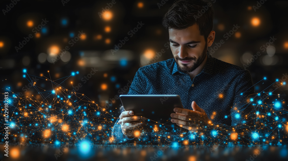 Poster a man is using a tablet computer in a room with a lot of light. the light is coming from a window an