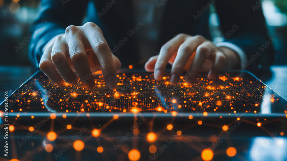 Aufkleber a person is typing on a tablet with a glowing screen. concept of technology and modernity, as well a