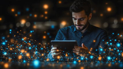 A man is using a tablet computer in a room with a lot of light. The light is coming from a window and is creating a bright and colorful atmosphere. The man is smiling as he looks at the screen