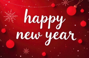 Calligraphy &Ograve;Happy New Year&Oacute; in white on a red background with New Year decorations
