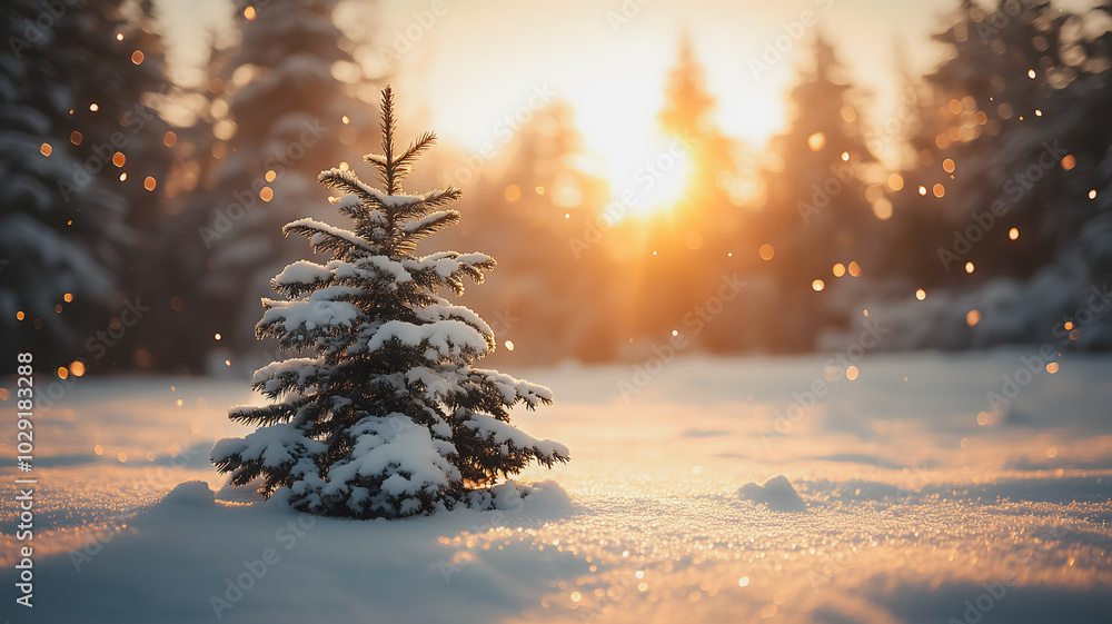 Aufkleber a small pine tree is covered in snow and is standing in a field. the sun is shining on the tree, cre