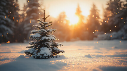 A small pine tree is covered in snow and is standing in a field. The sun is shining on the tree, creating a warm and peaceful atmosphere