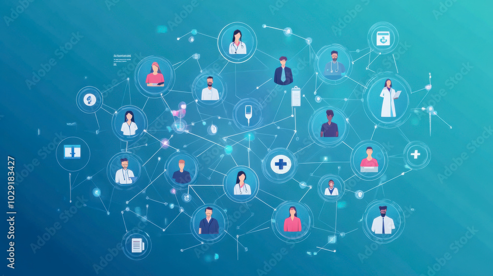 Poster abstract digital network graphic showing interconnected health and technology icons with blue backgr