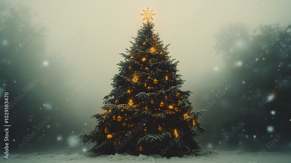 Poster a large christmas tree with lights on it is in a snowy forest. the tree is surrounded by snow and th