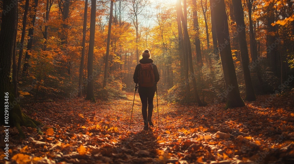 Poster as the sun filters through the colorful canopy, a solitary hiker walks along a leaf-covered path in 