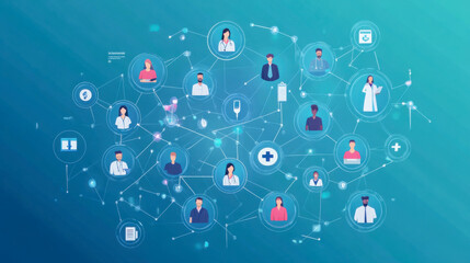 Abstract digital network graphic showing interconnected health and technology icons with blue background