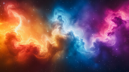 Obraz premium A colorful galaxy with a rainbow of colors. The colors are orange, yellow, blue, and purple. The stars are scattered throughout the galaxy, and the clouds are also colorful. Scene is one of wonder