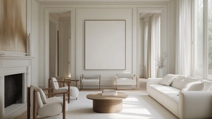 Elegant white room with a blank mockup frame, contemporary furniture, and clean lines for a sophisticated modern look.
