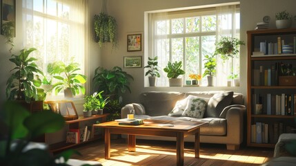 Fototapeta premium Inviting living room featuring a wooden table, comfy sofa, houseplants, and a small bookshelf, filled with natural light and warmth.
