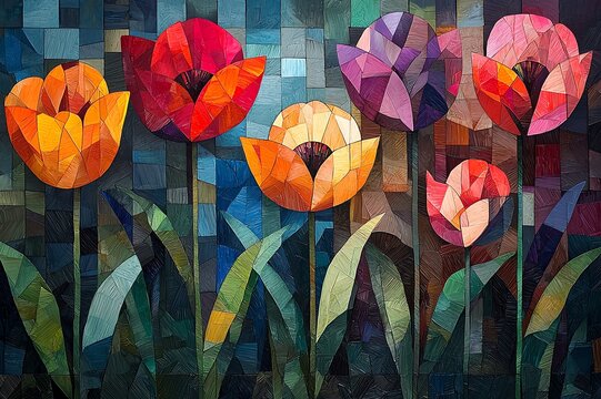 A mosaic style, colorful illustration of flowers, canvas, print, home decor concept, geometric background