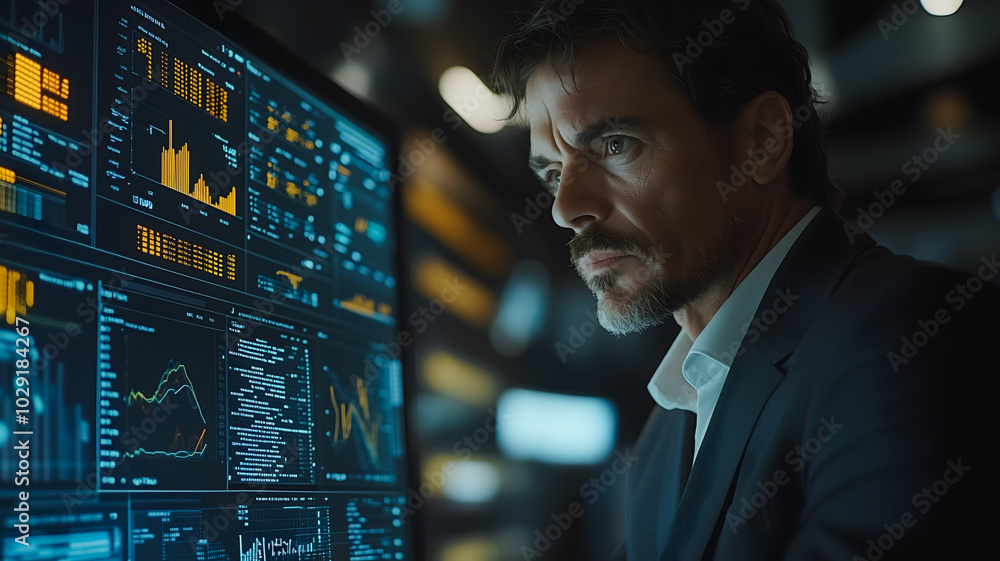 Poster a man is looking at a computer screen with a lot of numbers and graphs. he is wearing a suit and tie