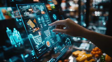 A person interacts with a futuristic touch screen display, showcasing digital shopping features amidst colorful food items.