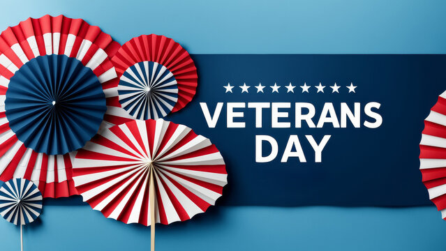 A banner template for US Veterans Day with paper fans in American national colors with a place to copy the text.