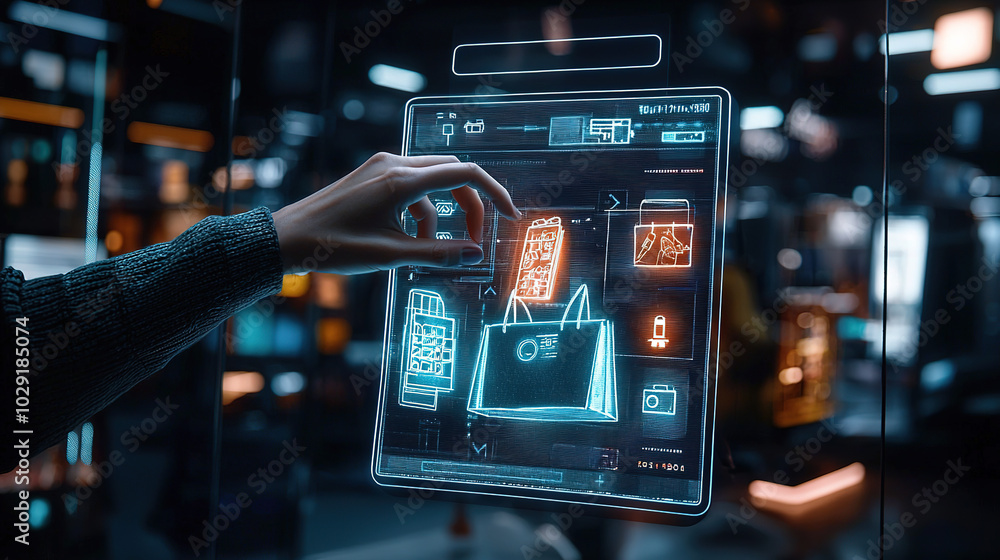 Poster a person interacts with a holographic interface, showcasing advanced technology and digital displays