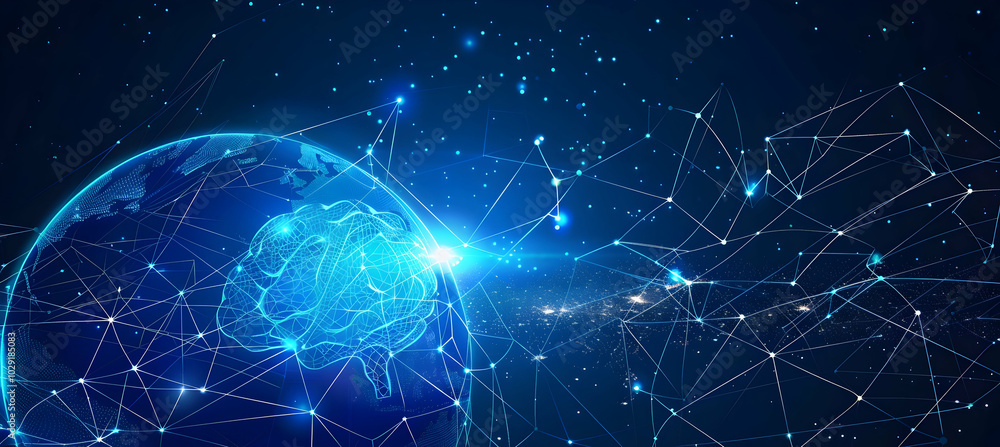 Poster abstract blue background with glowing network connections and a global connection concept.