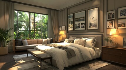 Obraz premium Modern bedroom with a spacious bed, framed photos on the wall, and a cozy sofa near the window, creating a relaxed and stylish look.