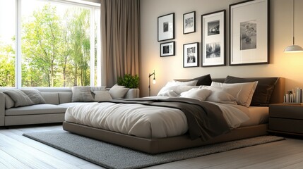 Fototapeta premium Modern bedroom with a spacious bed, framed photos on the wall, and a cozy sofa near the window, creating a relaxed and stylish look.