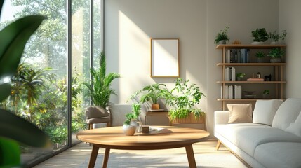 Fototapeta premium Modern living room showcasing a wooden table, sleek sofa, houseplants, and a small bookshelf, with minimalist and large windows.