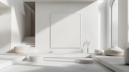 Fototapeta premium Modern white room with a blank frame mockup on the wall, sleek contemporary furniture, and geometric accents for a stylish interior.