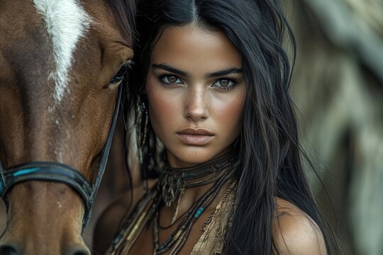 Beautiful amazon warrior woman posing with horse outdoors