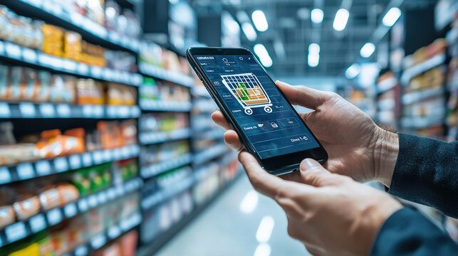 A person checks a shopping app on their smartphone while in a grocery store aisle filled with various products.