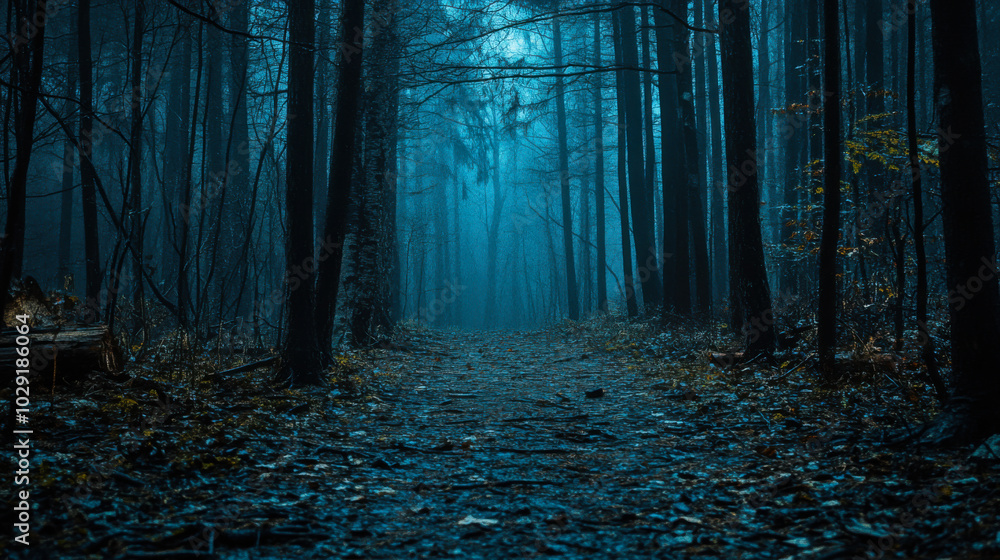Poster mysterious forest at dusk with deep blue tones and tall trees creating an eerie atmosphere in the co