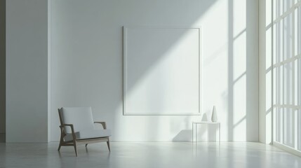 Fototapeta premium Spacious white room with a blank mockup frame, minimalist furniture, and contemporary design elements for a modern, airy feel.
