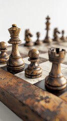 Fototapeta premium Handcrafted wooden chessboard, white background, 4K hyperrealistic photo