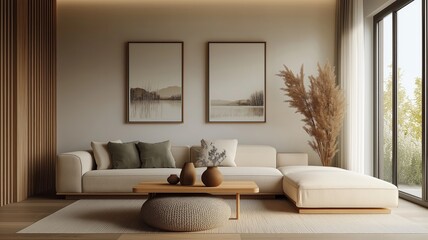 Modern Neutral-Toned Living Room with L-Shaped Sofa and Minimalist Decor