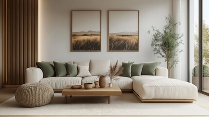 Modern Neutral-Toned Living Room with L-Shaped Sofa and Minimalist Decor