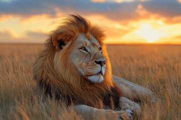Majestic lion relaxing in the savanna at sunset