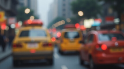 Obraz premium Blurred yellow taxis and cars in motion create an abstract city scene