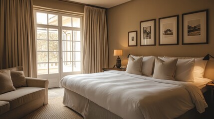 Fototapeta premium Stylish bedroom featuring a spacious bed, framed pictures above, and a soft sofa, bathed in warm natural light.