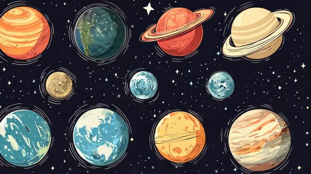 A colorful illustration of planets in space with a dark blue background dotted with stars
