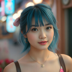 Belleza oriental con melena negra y azul