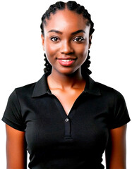 A portrait of a Black woman wearing a black polo shirt with a transparent background.