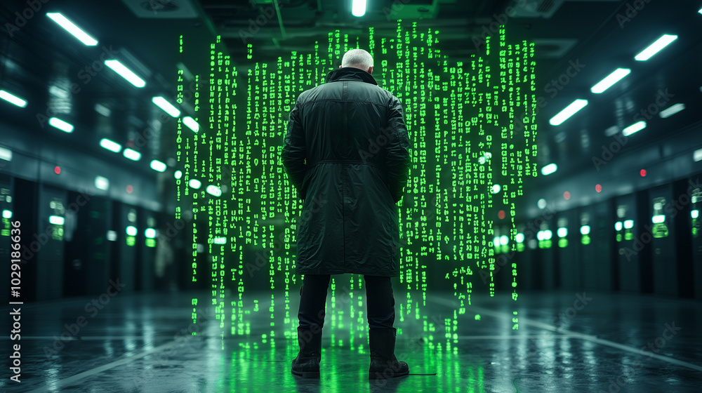 Poster figure stands in dark room, facing wall of green, cascading code, evoking sense of mystery and intri