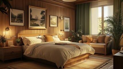 Fototapeta premium Warm bedroom setup with a large bed, framed art on the walls, and a sofa for seating, surrounded by soft, calming decor.