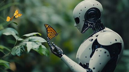 humanoid High-tech robot  admires nature holding a butterfly.  Futuristic design concept