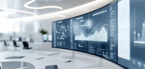 A modern office featuring a curved monitor displaying vibrant data visualizations and graphs, emphasizing analytics and technology in an innovative workspace.