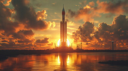 Fototapeta premium Dawn of Space Exploration with a Rocket in the Golden Sky