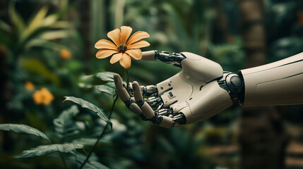 Humanoid robot hand holding a flower. High-tech android hand holding a delicate flower, contrast between cold metal and organic softness, futuristic design