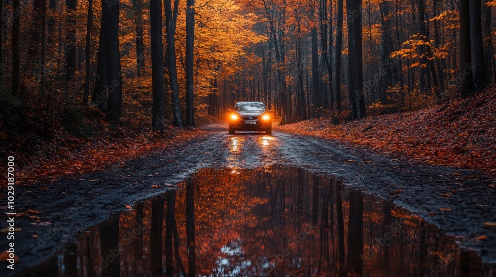 Poster a vehicle traverses a muddy path through a dense forest, where colorful autumn leaves create a stunn