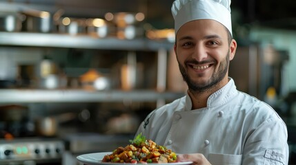 Chef holding a plate of food, neutral background, culinary arts
