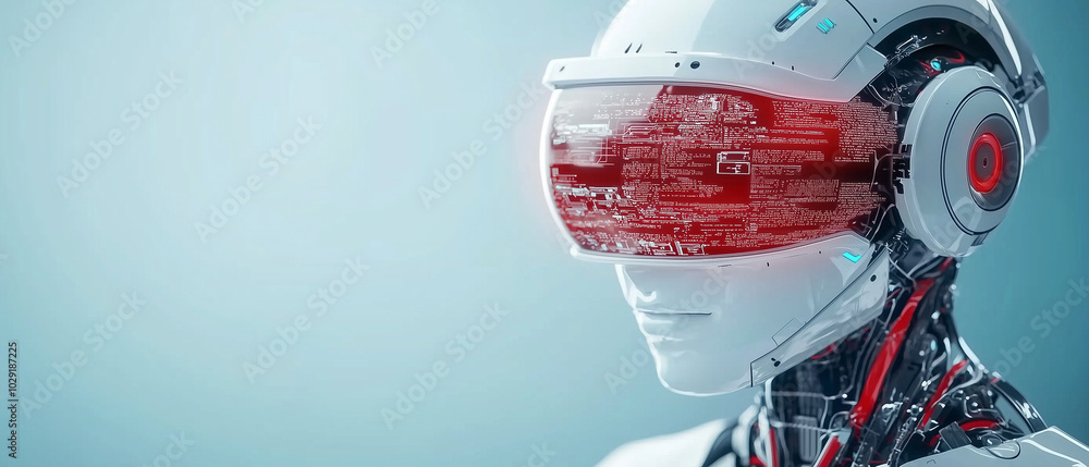 Poster futuristic AI robot with sleek design and glowing visor showcases advanced technology and data visualization. Its expression reflects sense of awareness and intelligence