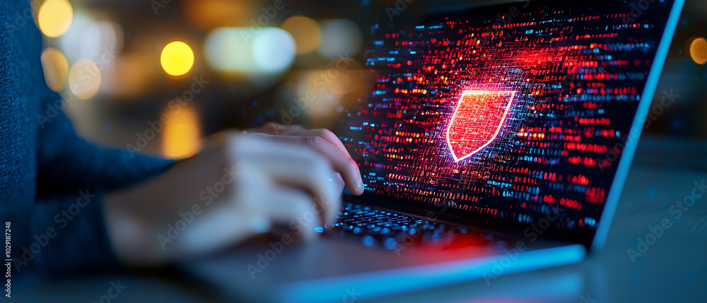 Aufkleber person using laptop with glowing shield symbolizing digital security and privacy. vibrant data streams in background emphasize importance of cybersecurity in todays digital world