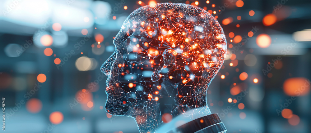 Poster transparent human silhouette filled with floating data points and glowing connections, representing fusion of technology and human intellect. This evokes sense of innovation and digital