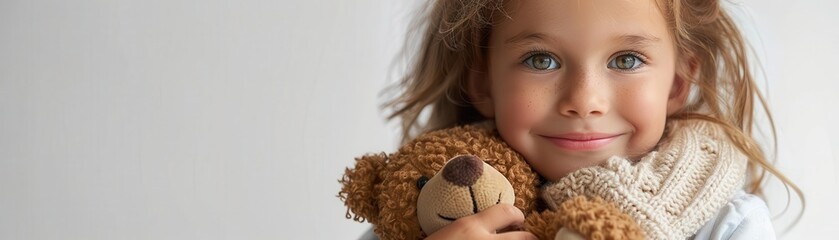 Child with teddy bear, white background, childhood comfort